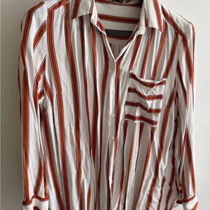 Dex Women’s Office Shirt - White and Orange Striped Button Up